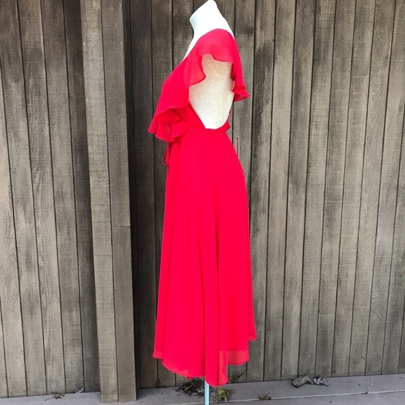 Anthropologie Yumi Kim Womens Red Wrap Midi Dress Ruffle Crepe Large - Picture 5 of 16